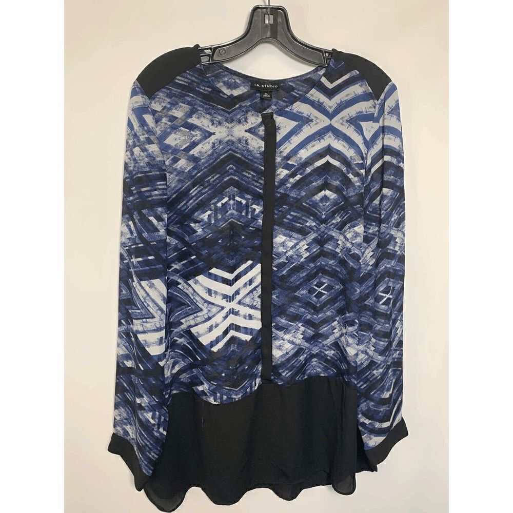 I.N. Studio Womens Chevron Colorblock High Neck Long Sleeve Blouse Blue Black XL
